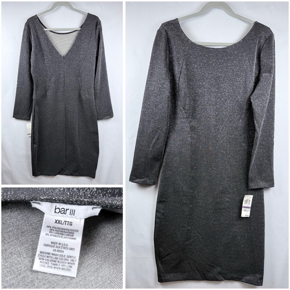 Bar III Women's Charcoal Glitter Knit Sheath Knee Dress V-Neck 3/4 2XL